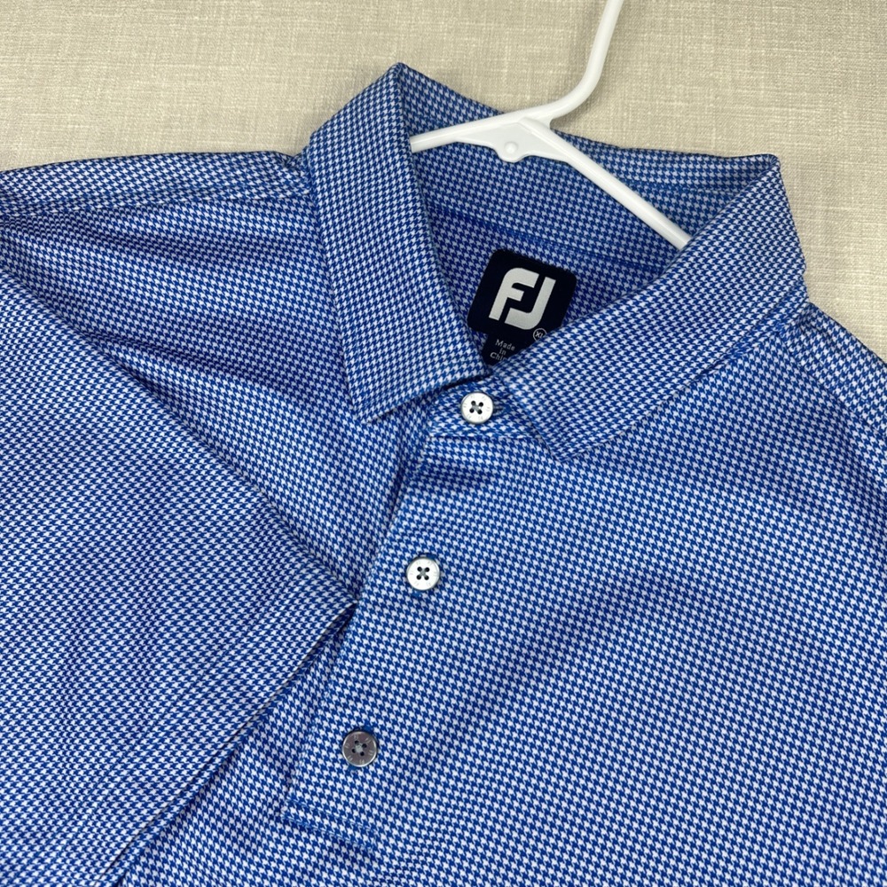 FootJoy Golf Polo Shirt XL Blue White Houndstooth Stretch Retreat Pelican Golf